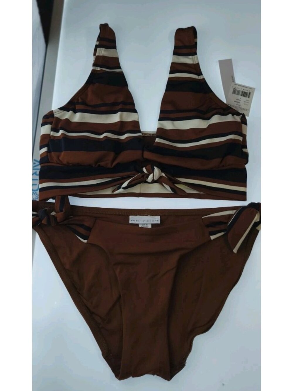 NWT Robin Piccone Bikini Set M Brown Stripe Halter Knot Top Tie Side Bottom